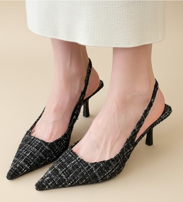 Tweed Pointed Slingback Kitten Heels